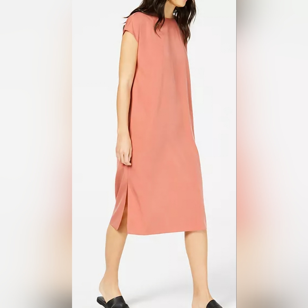 Eileen Fisher Minimalist Fluid Efforless Tencel Coral Pull Over Dress